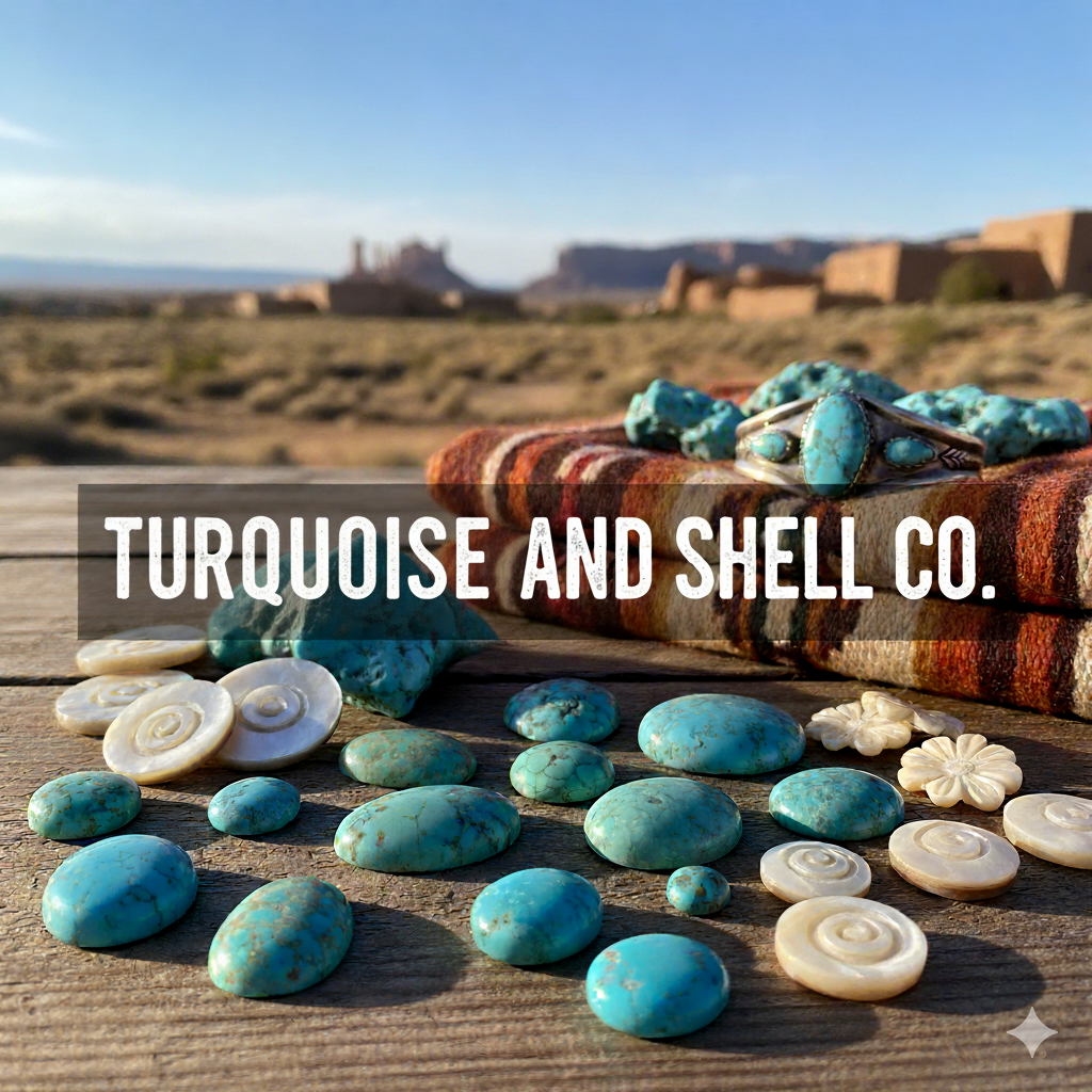 Turquoise stones and shell jewelry on a wooden surface with desert landscape in the background, featuring 'Turquoise and Shell Co.' text.